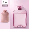 Pink 2000ML PVC hot water bottle with anti-slip texture and soft plush cover - 2000ml Transparent Rose Red + Crystal Soft Velvet Cover