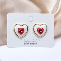 Detail of S925 silver heart earring with white enamel and centered red gemstone - Pink Heart Stud Earrings (4#) / Pink White