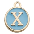 Light blue enamel round pendant featuring a gold letter X with a metallic golden border - Letter X / 1 Piece (12x14mm) / Lake Blue