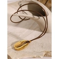 Bohemian gold seashell pendant necklace with dark brown cord and metallic accents - Leather Rope Conch Pendant (SDV)