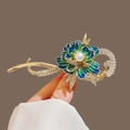 Elegant gold flower hair clip with blue enamel petals and sparkling rhinestones - Retro Blue-Green Enamel 3D Flower Clip