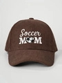Close-up of Soccer MOM embroidery on brown corduroy baseball cap with heart football - Coffee