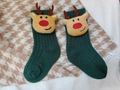 Green plush Christmas socks for kids featuring a 3D reindeer head with red nose - S(1-3 Years) / Green Reindeer