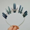 Blue kyanite and white crystal crown headband with a silver moon charm accessory - Kyanite + Clear Quartz