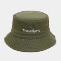 Detail of embroidered Traveller's text and metal eyelets on olive green cotton bucket hat - M (56-58cm) / Army Green