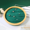 Round bamboo ring display tray with dark green velvet slots for jewelry storage - Continuous Slot / Green