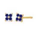 Elegant gold flower stud earrings featuring deep blue round cubic zirconia crystals - Royal Blue Gold