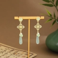 Traditional Chinese style long tassel earrings with green fan-shaped jade and gold finish - Flower Water Drop (E6460)