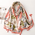 Zijden sjaal met bloemenprint, zebrapatroon en roze kwastjes, elegante strand omslagdoek - 180*90CM / Koraalroze