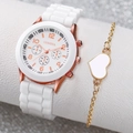 Women's minimalist white faux leather watch and heart pendant bracelet set in rose gold - Without Box / White Zirconia Set