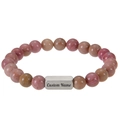 Customized pink zebra stone beaded bracelet with engraved silver rectangle nameplate - 1 Side Engraving / Rhodonite
