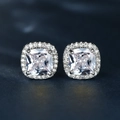 Classic cushion-cut silver earrings with pink zircon stone and pavé diamond halo - Square White Zirconia