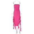 Detail of rose pink tube dress featuring gathered waist pleats and side ruffle trims - Rose Red