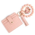 Rosa gewebtes Kartenetui-Schlüsselanhänger-Set mit Perlenarmband, Quaste und MAMA-Anhänger - 4 Hellrosa (240305 编织卡包硅胶珠) / Hellrosa