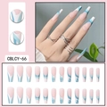 Macro detail of long ballerina press-on nails with blue wave French design 24pcs set - CBLCY-66 Pink Blue Wave Patchwork