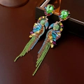 Detailed close-up of vibrant parrot earrings featuring colorful crystals and golden tassels - 52# Silver Needle-Gold-Colorful