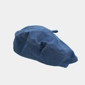 Detailed close-up of dark blue denim beret showing white contrast stitching and texture - One Size / Medium Blue