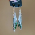 Detailed close-up of long tassel earrings with green crystals and white beaded chains - Green & White Beaded Tassel (5# Silver Earring Post - Gold-White-Green)