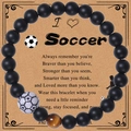 Bracciale da calcio da 8mm in perle nere opache con occhio di tigre su biglietto regalo - Bracciale Calcio-1 (Perline Nere + Perlina Calcio Bianca + Occhio di Tigre)