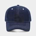 Close-up of vintage navy denim baseball cap with white contrast stitching details - Adjustable / Dark Blue