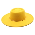 Detail of a bright yellow wool felt fedora with a gold metal chain and ball ornaments - M (56-58cm) / Yellow