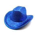 Detailed view of the bright blue glitter texture and wide brim on a festive cowboy hat - Royal Blue
