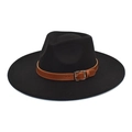 Classic black wide brim fedora hat with a brown leather belt buckle on white background - M (56-58cm) / Black