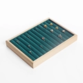 Solid wood jewelry tray with dark green velvet slots for ring display and storage - Natural Wood Ring Tray-Green Velvet