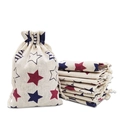 Floral cotton drawstring pouch with red and blue star prints for gift packaging - 10*14cm / Pentagram