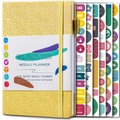 Detail of yellow glitter undated weekly planner with productivity stickers and elastic closure - Notebook + 6 Sheets Stickers / Yellow