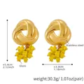 Detail view of gold stainless steel earrings with yellow glass beads and size measurements - Twisted Knot Yellow Cluster Style (F1487)