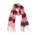 Close-up of pink and brown striped thick knit scarf with soft tassel edges - 220x40+15cm / Pink