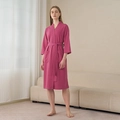 Breathable rose red waffle texture bathrobe with V-neck design and adjustable belt - Rose Red (Women's Style)
