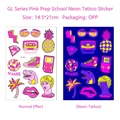 Tatouages éphémères néon rose Y2K avec motifs de boule disco et lunettes rétro - Style GL-005