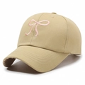 Casquette de baseball en coton kaki avec nœud rose brodé et visière courbée - Réglable / Beige Foncé