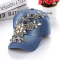 Detail of denim baseball cap with 3D rhinestone floral embroidery and beads - Adjustable / Dark Denim Blue
