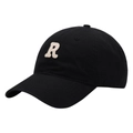 Classic black cotton baseball cap with white chenille R patch and soft top design - Adult Adjustable / Black