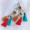 Bohemian silver hoop earrings with red beads and colorful ethnic tassel charms - Ear Drops Pair