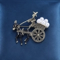 Vintage gold brooch featuring a black donkey pulling a carriage with white pearls - Donkey Carriage Style (XD8550)