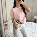Chic pink short sleeve knit sweater paired with white jeans and a brown belt - S / Light Pink