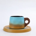 Japanese retro ceramic coffee cup and saucer set with blue-brown glaze and wooden handle - 215-c Wooden Handle Coffee Mug + Saucer Blue 300ml / Universal