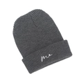 Detail shot of dark grey knit beanie featuring white cursive me letter embroidery - Dark Gray