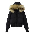 Women's black hooded puffer jacket with large brown faux fur collar and ribbed cuffs - S / Black