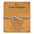 Detailed view of silver infinity bracelet with Daughter script and sparkling zircons - Daughter Style (WG-0883)