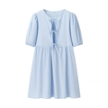 Light blue short sleeve puff sleeve dress with front tie detail and babydoll A-line cut - S / Light Blue