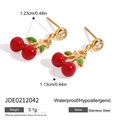 Waterproof red cherry earrings in stainless steel with crystal accents and green leaves - Cherry Stud Earrings (JDE0212042)