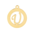 Golden stainless steel round pendant with hollow letter U cutout and top loop - Letter U