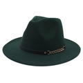 Detailed close-up of dark green felt fedora featuring a decorative gold chain and black band - M (56-58cm) / Dark Green