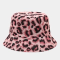 Close-up of pink leopard print bucket hat with detailed multi-row stitching on the brim - Pink Leopard (7#)