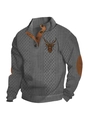 Grijze gebreide herensweatshirt met hertenprint en bruine patchwork details op de mouwen - S / Tops / Grijs (Kleurrijk Hert Borduurwerk)
